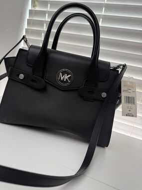 NWT! Michael Kors Black Leather Satchel with MK Logo and Detachable Strap